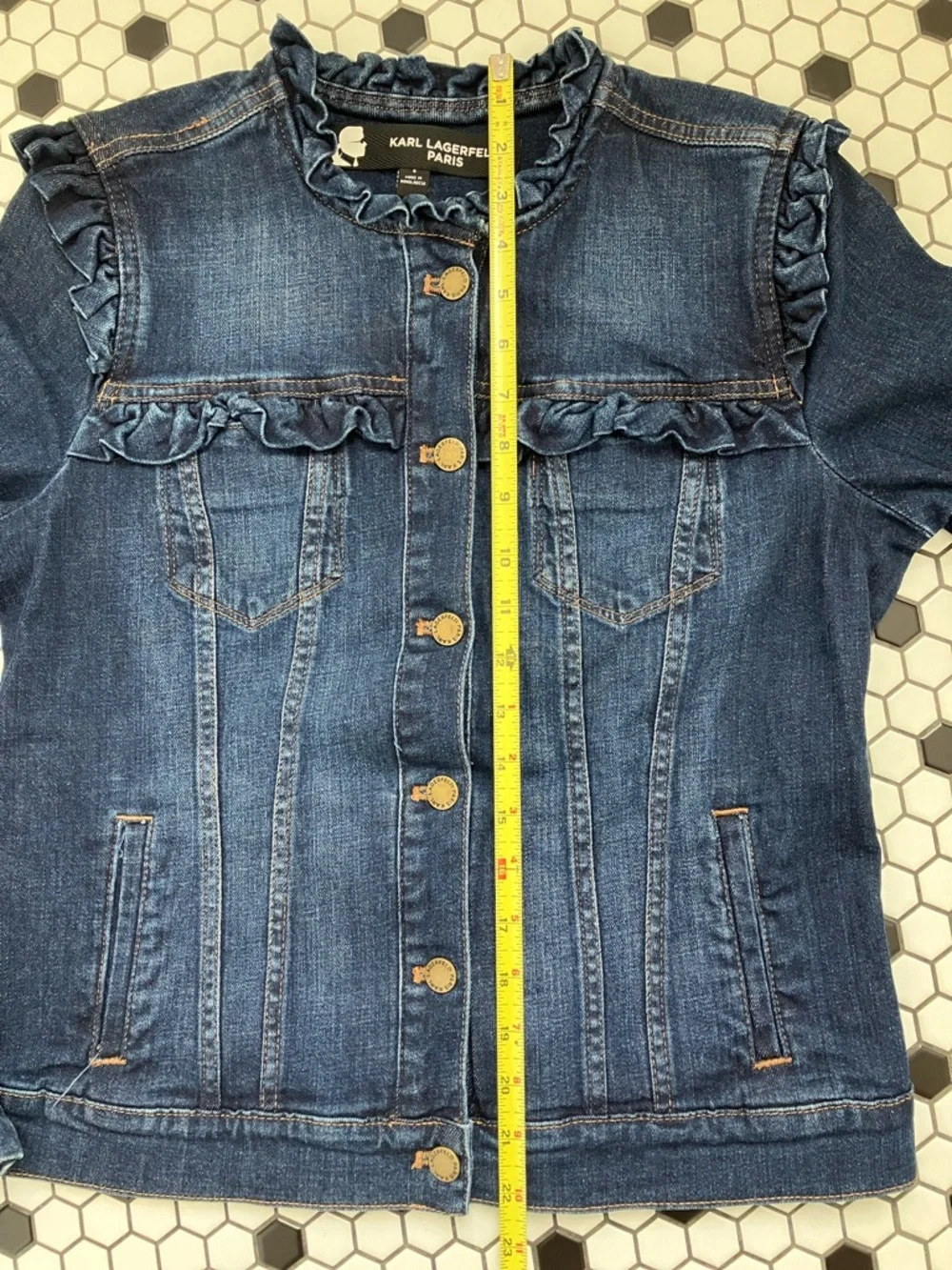 Whimsical Karl Lagerfeld Paris Dark Blue Ruffle-Trim Denim Jacket Sz. Small - Picture 11 of 15